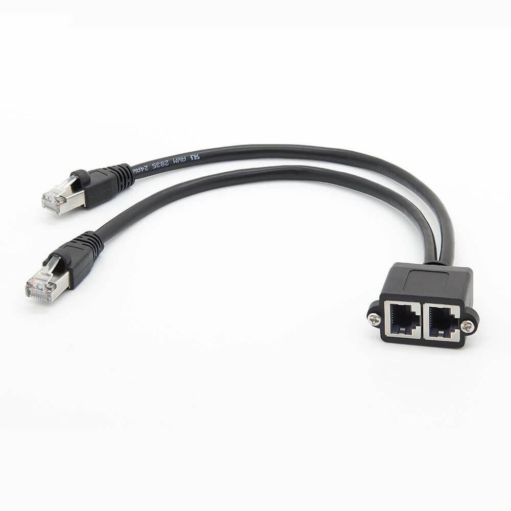 Elecbee RJ45 Dual Ports to RJ45 Plug Socket Combo Connector Panel Mount Combination RJ45 Ethernet Cable 30CM